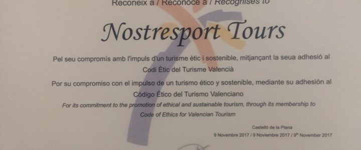 Recibimos el reconocimiento de la Agència Valenciana de Turismo por su compromiso con el código ético del turismo valenciano